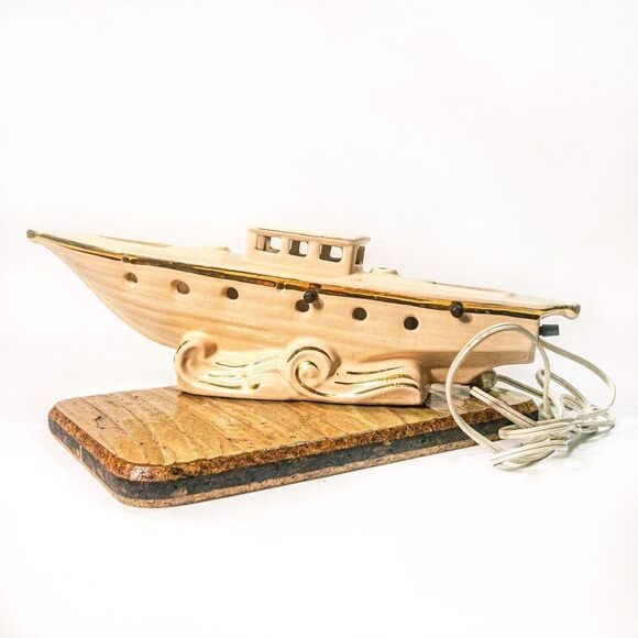 MCM Ceramic Sailboat TV Lamp Beige/Gold Detail 1950’s - Picture 2 of 12